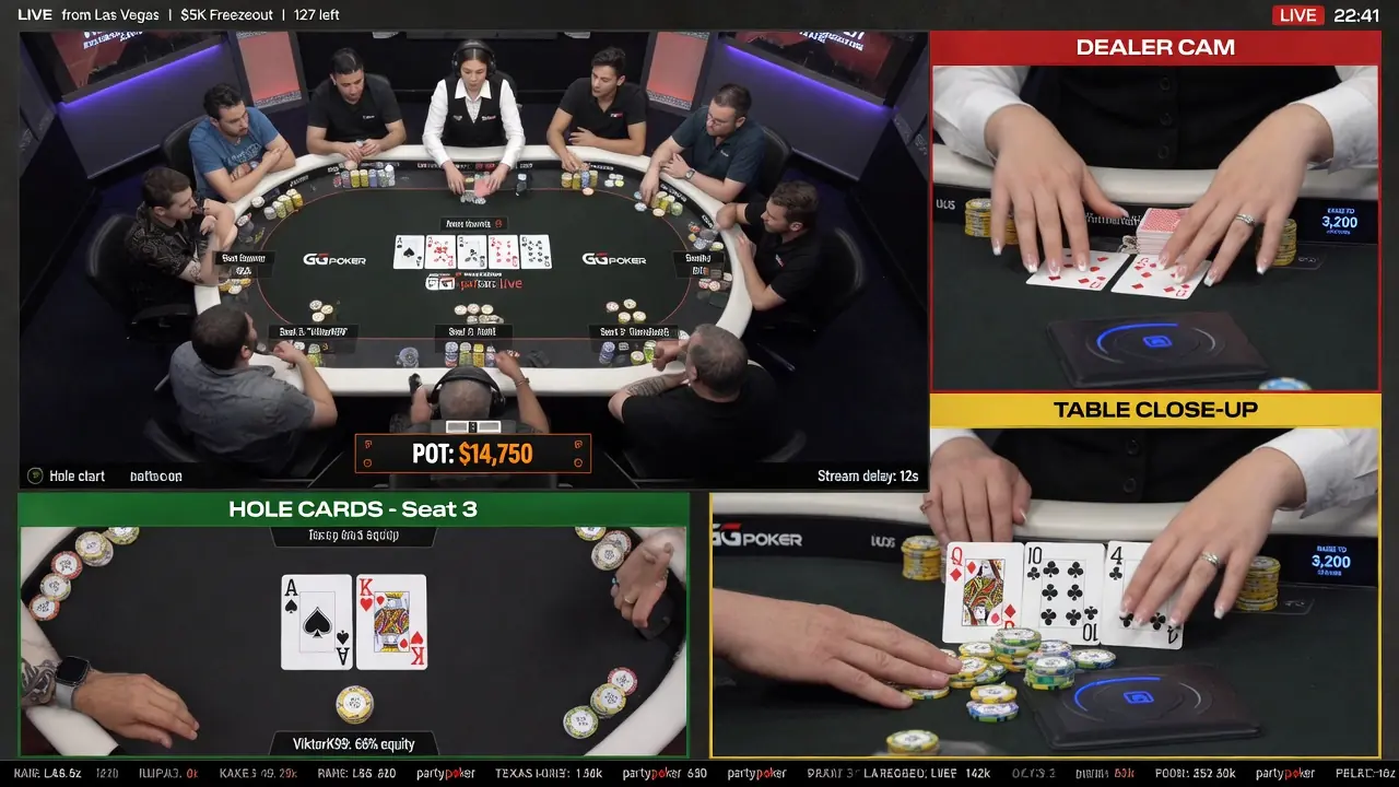 Pantalla dividida con múltiples ángulos de cámara sobre una mesa de poker