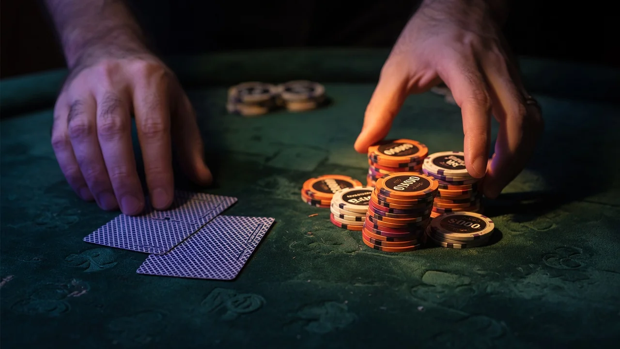 Fichas apiladas junto a cartas cubiertas