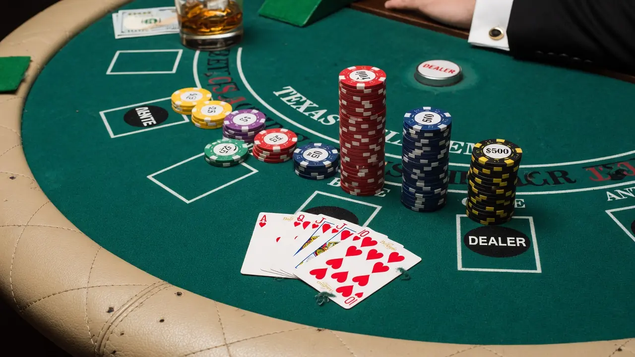 Cartas de póker y fichas sobre tapete verde
