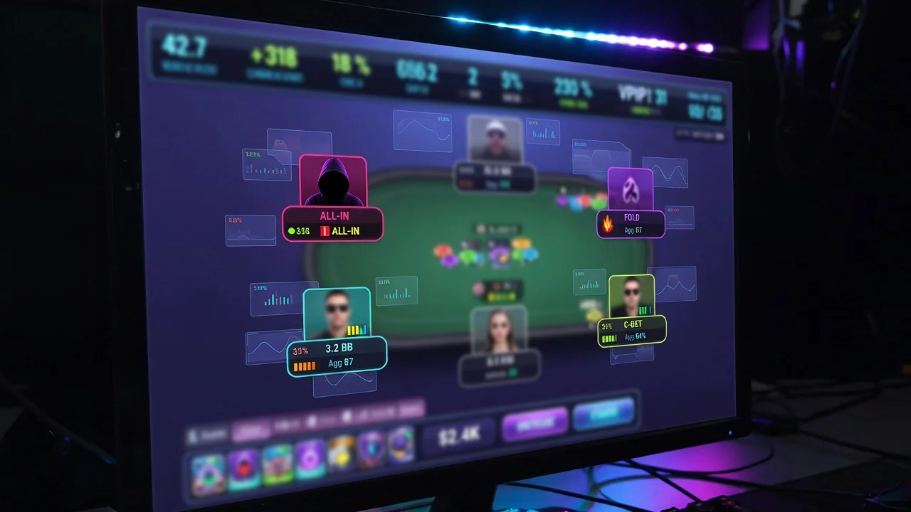Pantalla de un HUD de poker mostrando estadísticas de rivales
